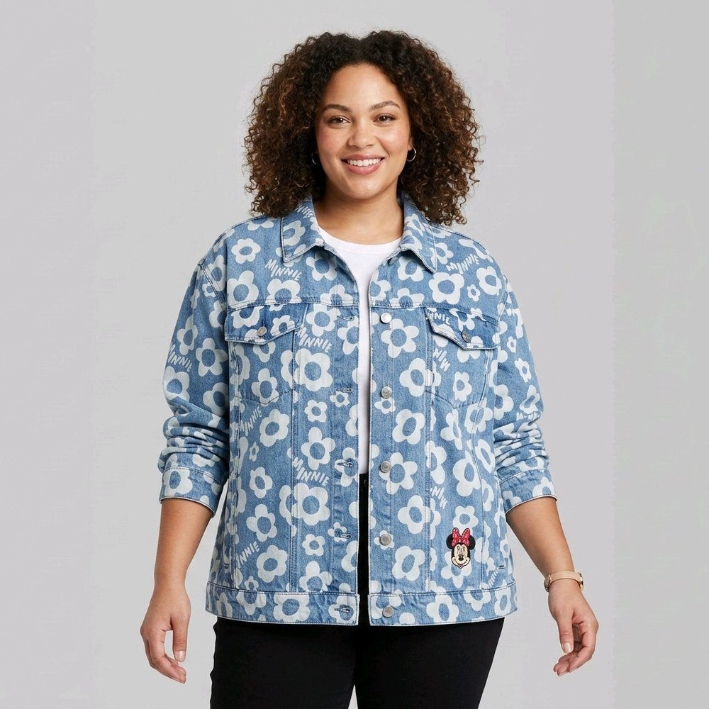 Disney 3X Minnie Mouse Floral Denim Trucker Jacket New